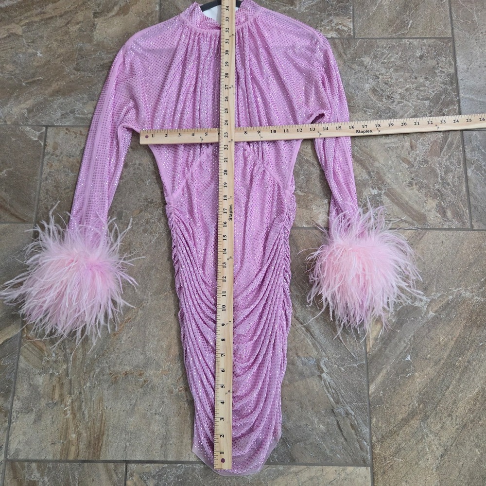 Self-Portrait Pink Rhinestone Mesh Mini Dress Feather Cuffs US 2 UK 6 - Picture 2 of 9